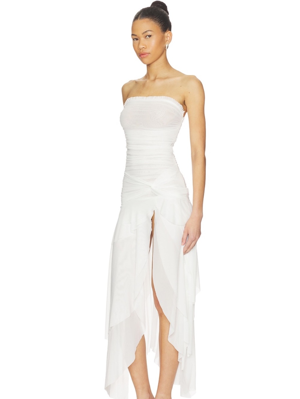 Strapless Guizio White Ruched High-Slit Dress
